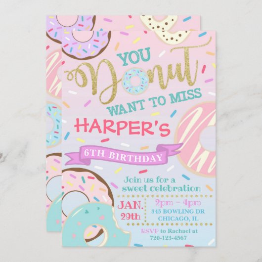 Donut Uitnodiging Birthday Uitnodiging (Voorkant / Achterkant)