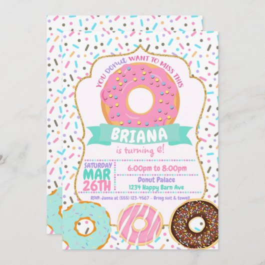 Donut uitnodigingen, Pastel Roze Gouden Donut Uitn Kaart (Voorkant / Achterkant)
