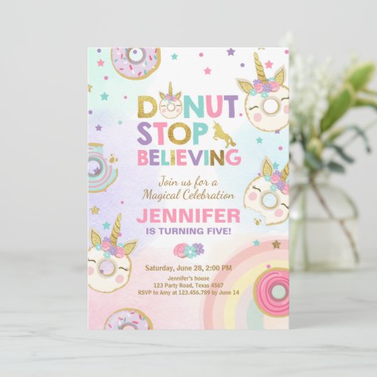 Donut Unicorn Birthday Uitnodiging Roze Gold Girl (Staand voorkant)