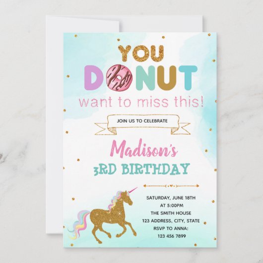 Donut unicorn verjaardagsfeestje uitnodiging (Voorkant)