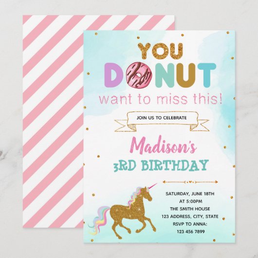 Donut unicorn verjaardagsfeestje uitnodiging (Voorkant / Achterkant)