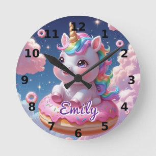 Donut Unicorn Wall Clock – Bewerkbare naam Ronde Klok