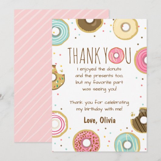 Donut Verjaardag Dank u Kaart Roze Meisje Doughnut (Voorkant / Achterkant)