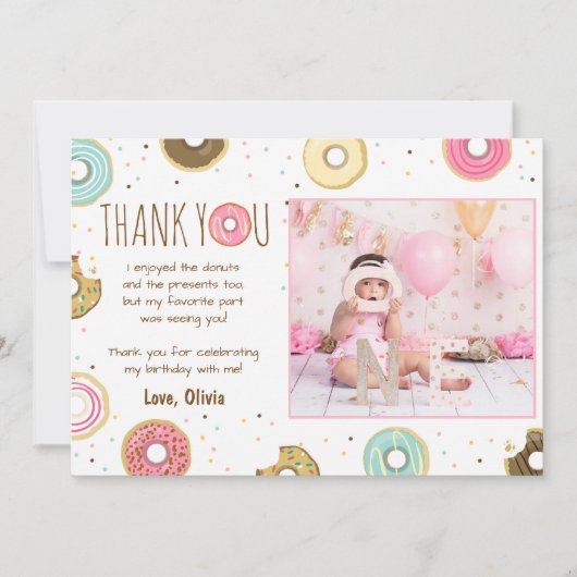 Donut Verjaardag Dank u Kaart Roze Meisje Doughnut (Voorkant)