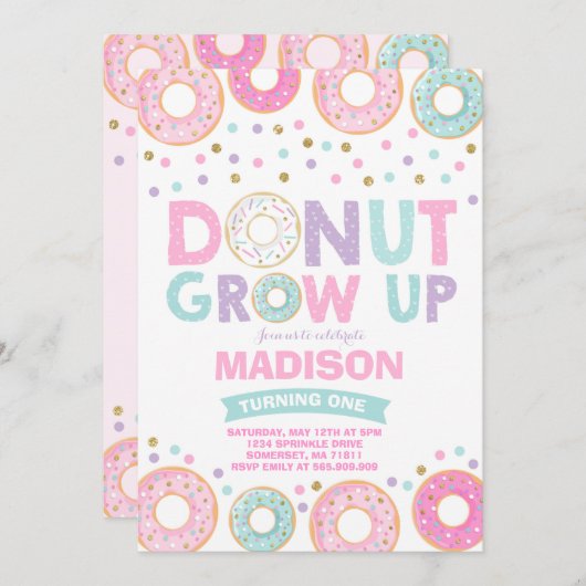 Donut Verjaardag Uitnodiging Donut Grow Up Party (Voorkant / Achterkant)