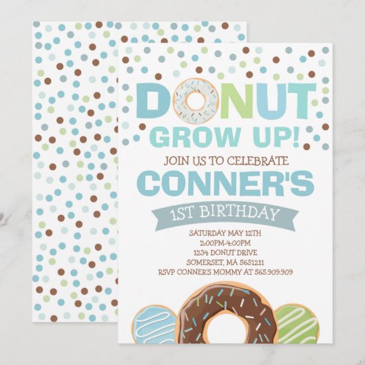 Donut Verjaardag Uitnodiging Donut Grow Up Party (Voorkant / Achterkant)