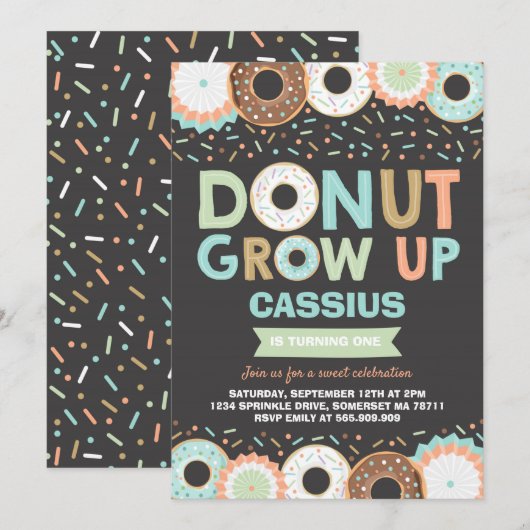 Donut Verjaardag Uitnodiging Donut Grow Up Party (Voorkant / Achterkant)