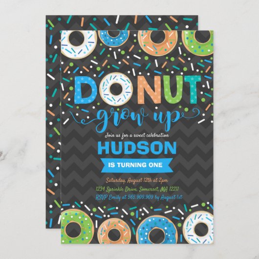 Donut Verjaardag Uitnodiging Donut Grow Up Party (Voorkant / Achterkant)