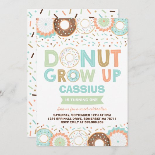 Donut Verjaardag Uitnodiging Donut Grow Up Party (Voorkant / Achterkant)