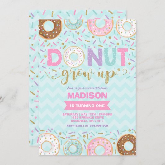 Donut Verjaardag Uitnodiging Donut Grow Up Party (Voorkant / Achterkant)