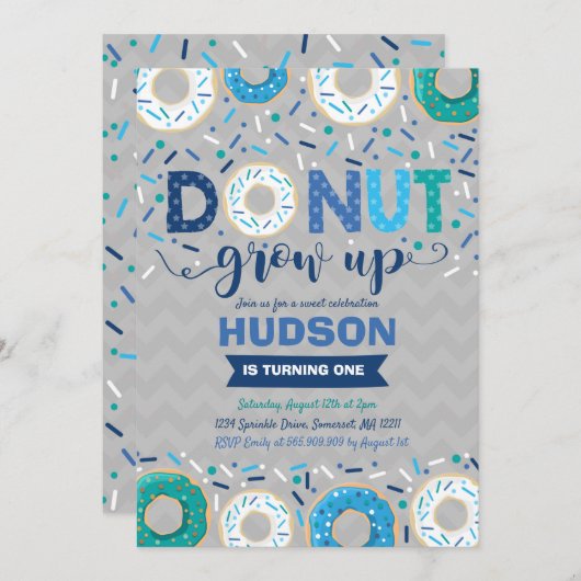 Donut Verjaardag Uitnodiging Donut Grow Up Party (Voorkant / Achterkant)