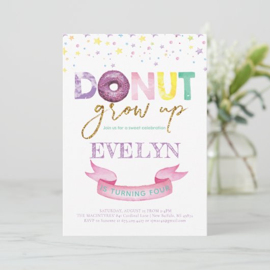 Donut Verjaardag Uitnodiging Donut Grow Up Party (Staand voorkant)