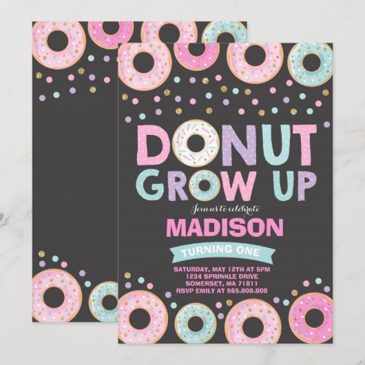 Donut Verjaardag Uitnodiging Donut Grow Up Party (Voorkant / Achterkant)