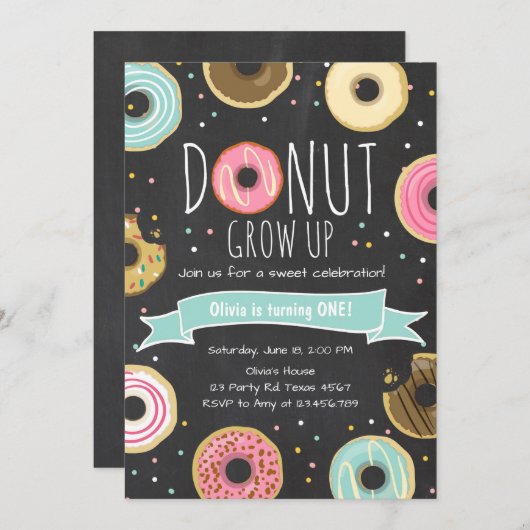 Donut Verjaardag Uitnodiging Donut Grow up party (Voorkant / Achterkant)