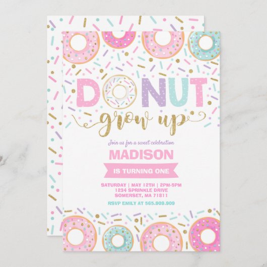 Donut Verjaardag Uitnodiging Donut Grow Up Party (Voorkant / Achterkant)
