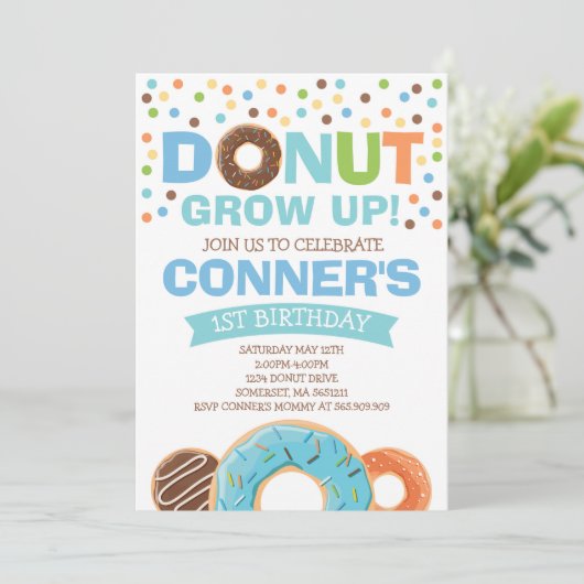 Donut Verjaardag Uitnodiging Donut Grow Up Party (Staand voorkant)