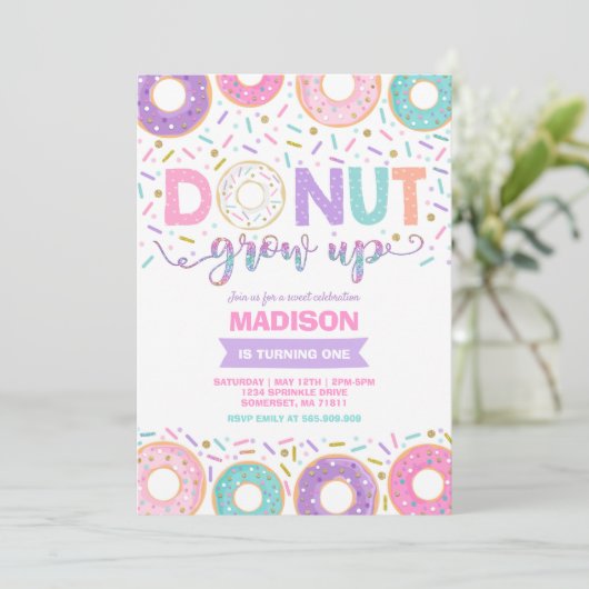 Donut Verjaardag Uitnodiging Donut Grow Up Party (Staand voorkant)