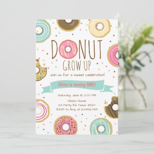 Donut Verjaardag Uitnodiging Donut Grow up party (Staand voorkant)