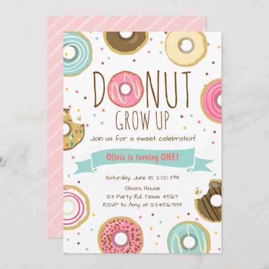 Donut Verjaardag Uitnodiging Donut Grow up party (Voorkant / Achterkant)