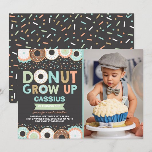 Donut Verjaardag Uitnodiging Donut Grow Up Party (Voorkant / Achterkant)