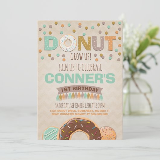 Donut Verjaardag Uitnodiging Donut Grow Up Party (Staand voorkant)