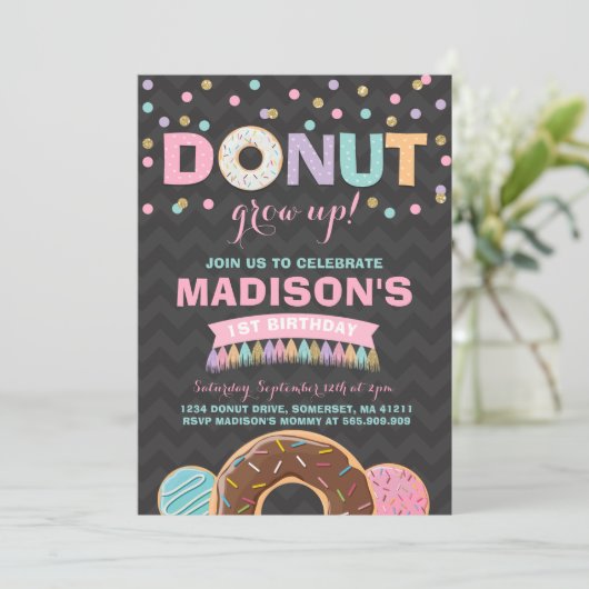 Donut Verjaardag Uitnodiging Donut Grow Up Party (Staand voorkant)