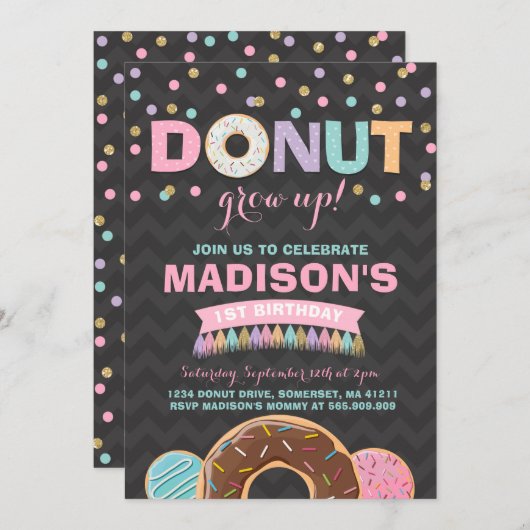 Donut Verjaardag Uitnodiging Donut Grow Up Party (Voorkant / Achterkant)