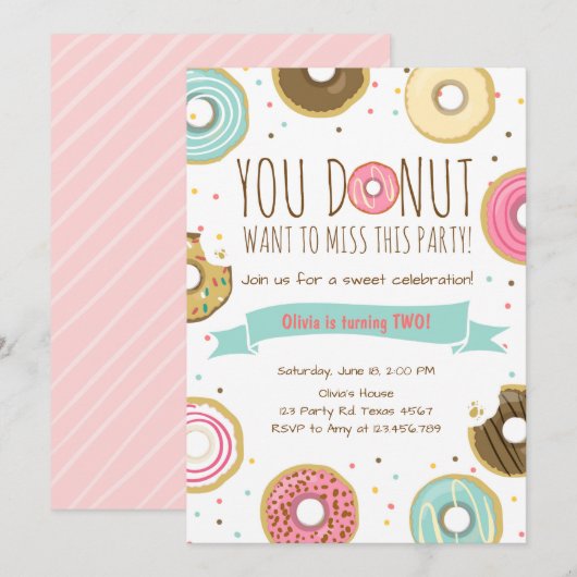 Donut Verjaardagsfeest Uitnodiging Donut wil misse (Voorkant / Achterkant)