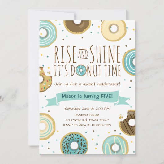 Donut Verjaardagsfeest Uitnodiging Rise and Shine (Voorkant)