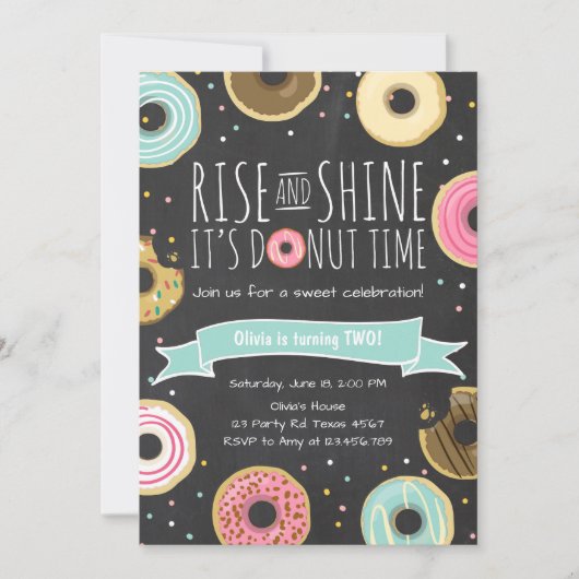 Donut Verjaardagsfeest Uitnodiging Rise and Shine (Voorkant)