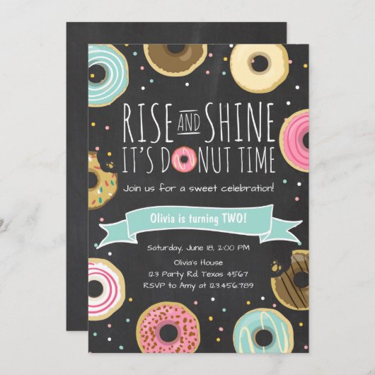 Donut Verjaardagsfeest Uitnodiging Rise and Shine (Voorkant / Achterkant)