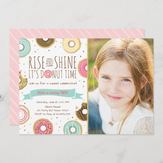 Donut Verjaardagsfeest Uitnodiging Rise and Shine (Voorkant / Achterkant)