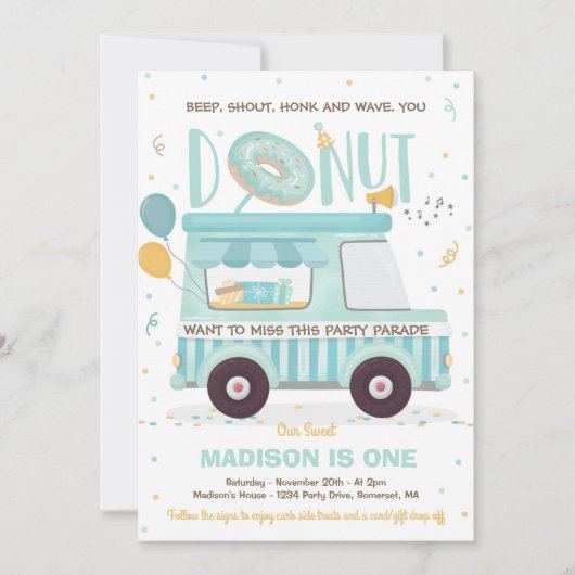 Donut verjaardagsfeestje rijden door verjaardagspa kaart (Voorkant)