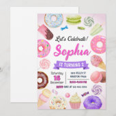 Donut Verjaardagsuitnodiging, Snoep Snoep, Donut Kaart (Voorkant / Achterkant)