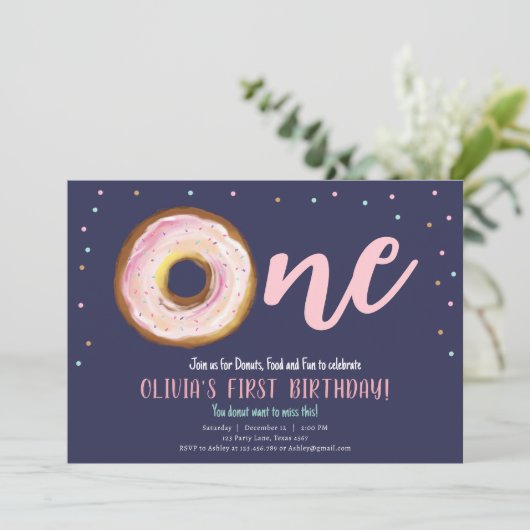 Donut Waterverf Sweet One Girl First Birthday Inv Kaart (Staand voorkant)