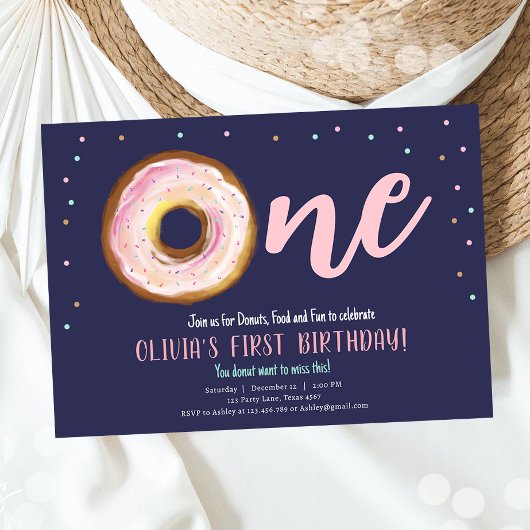 Donut Waterverf Sweet One Girl First Birthday Inv Kaart