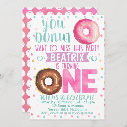 Donut wil deze uitnodiging voor de 1e verjaardag m (Voorkant / Achterkant)