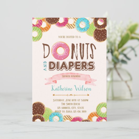 Donuts and diaper sprinkle party-uitnodiging kaart (Staand voorkant)