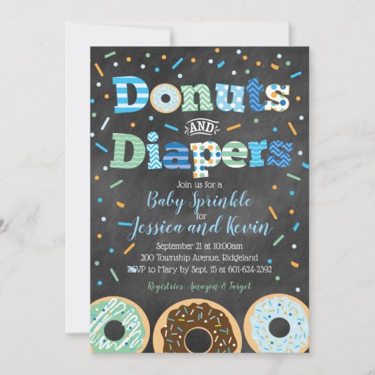 Donuts and Diapers Baby Boy Sprinkle Chalkboard Kaart (Voorkant)