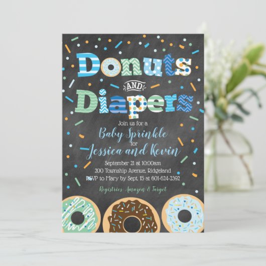Donuts and Diapers Baby Boy Sprinkle Chalkboard Kaart (Staand voorkant)