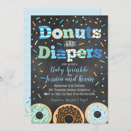 Donuts and Diapers Baby Boy Sprinkle Chalkboard Kaart (Voorkant / Achterkant)