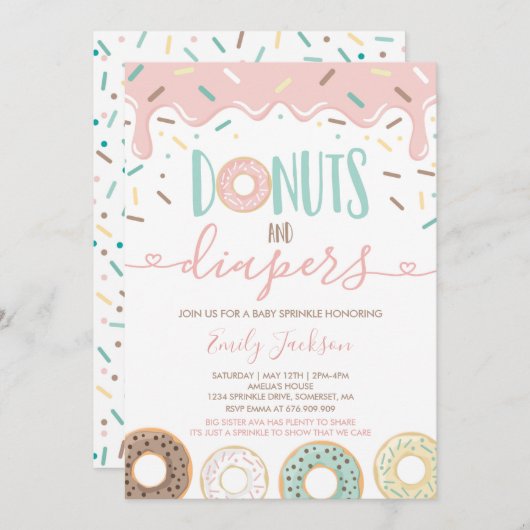 Donuts and diapers Baby Sprinkle Invitation Kaart (Voorkant / Achterkant)