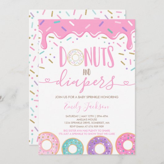 Donuts and diapers Baby Sprinkle Invitation Kaart (Voorkant / Achterkant)