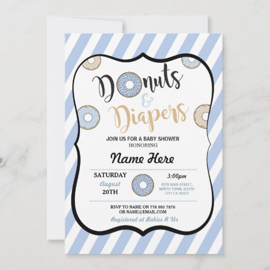 Donuts and Diapers Blue Baby shower Invite Kaart (Voorkant)