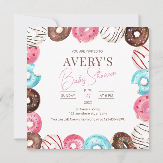 Donuts Baby shower Uitnodiging, Meisje Baby Sprink Kaart (Voorkant)
