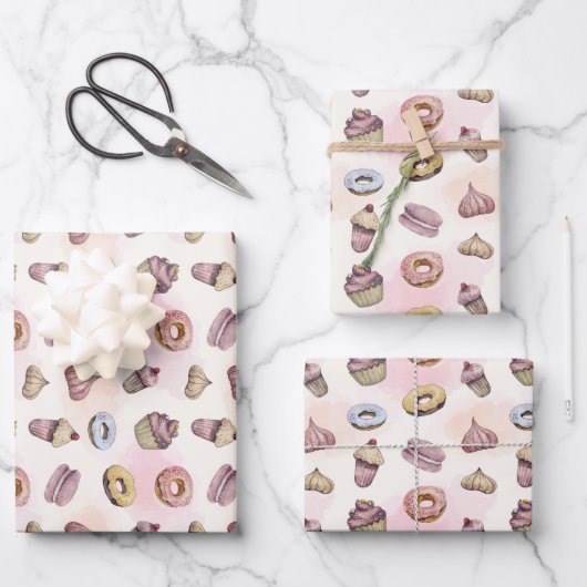 Donuts Cupcakes Cute Trendy Woodland Waterverf Inpakpapier Vel (Voorkant)