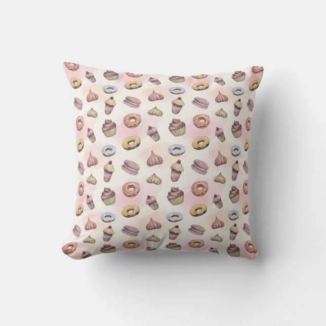 Donuts Cupcakes Pink Waterverf Whimsical Trendy Kussen (Voorkant)