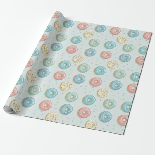 Donuts Cute Mint Green Pink & Yellow Cadeaupapier (Uitgerold)