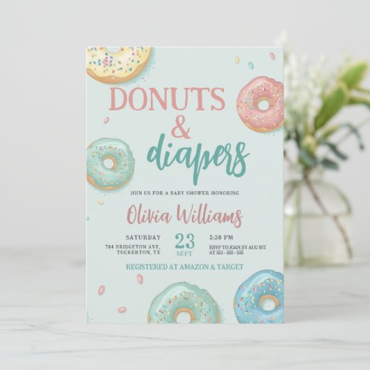 Donuts & Diapers Cute Mint Green Baby shower Kaart (Staand voorkant)