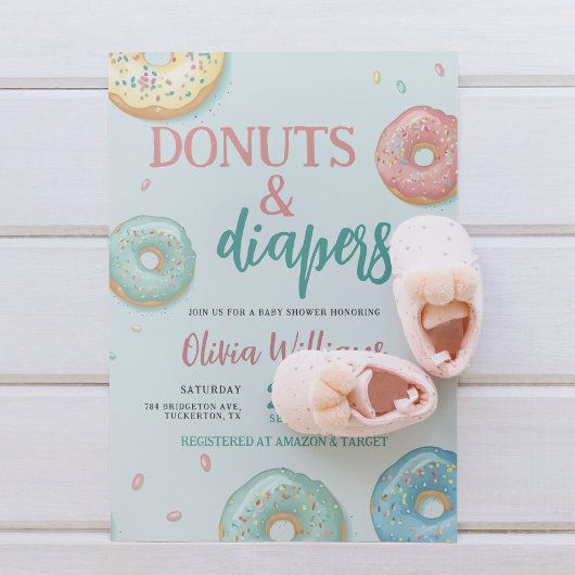 Donuts & Diapers Cute Mint Green Baby shower Kaart